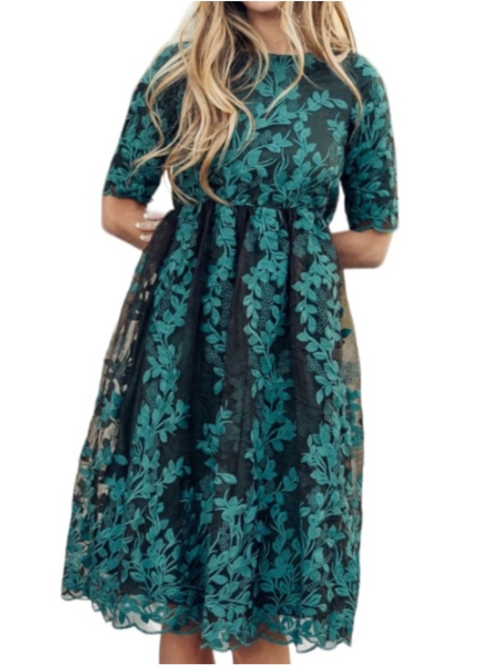 JessaKae Forest Green Embroidered Lace Midi Dress